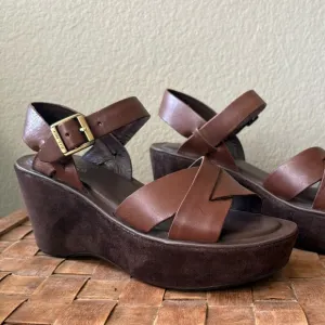 KORK-EASE Ava Wedge Leather Sandal | Brown | Size US 6 EU 36.5