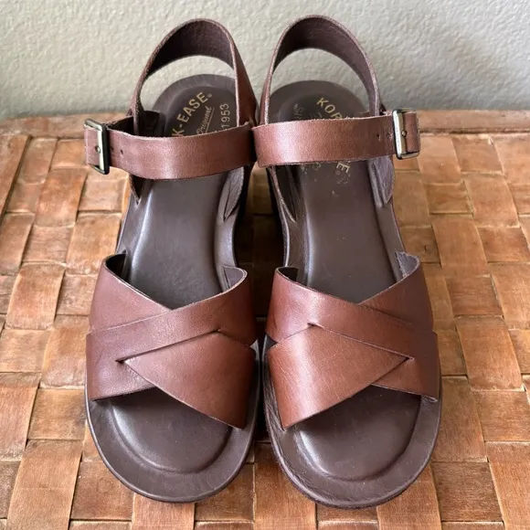 KORK-EASE Ava Wedge Leather Sandal | Brown | Size US 6 EU 36.5
