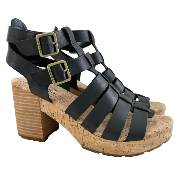Kork-Ease Camille Gladiator Black Leather Block Heel Sandals Size 9M