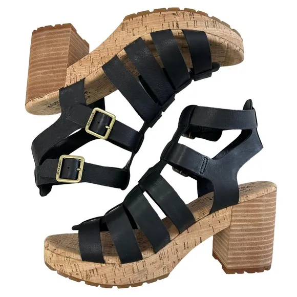 Kork-Ease Camille Gladiator Black Leather Block Heel Sandals Size 9M