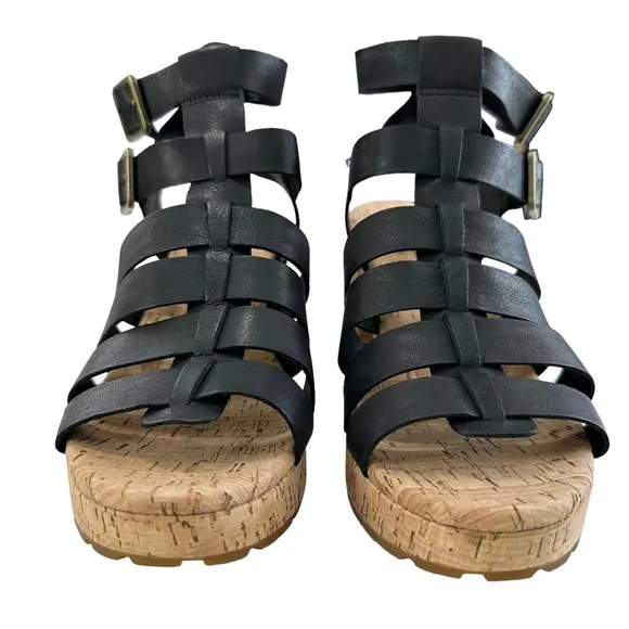 Kork-Ease Camille Gladiator Black Leather Block Heel Sandals Size 9M