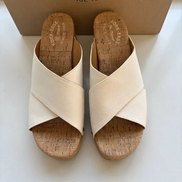 Kork-Ease Tatum Sandals Leather Slip On Heels Cream Size 10 NEW