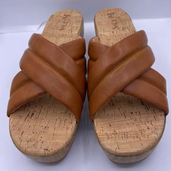 Korks platform leather cork slide tan sandals women Size 11M