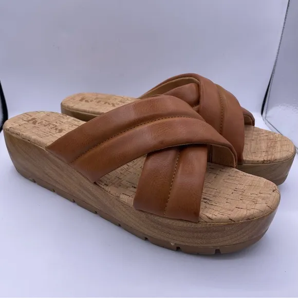 Korks platform leather cork slide tan sandals women Size 11M