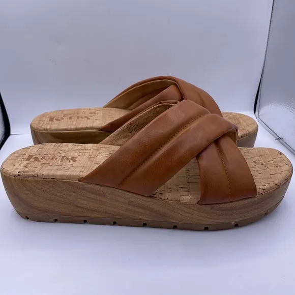 Korks platform leather cork slide tan sandals women Size 11M