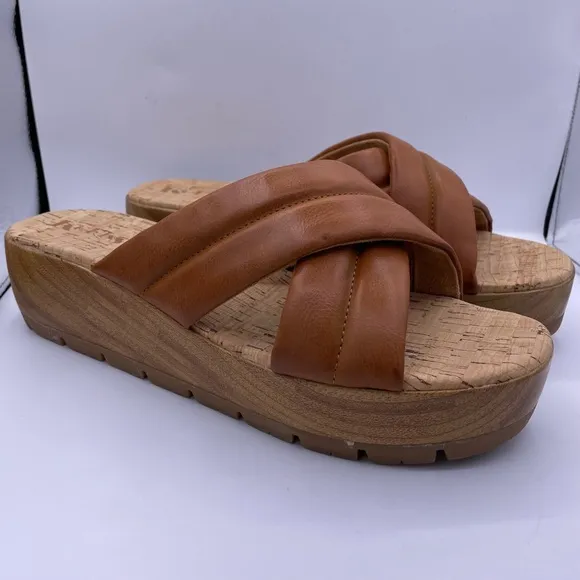 Korks platform leather cork slide tan sandals women Size 11M
