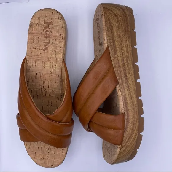 Korks platform leather cork slide tan sandals women Size 11M