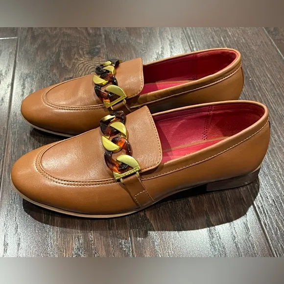 Kurt Geiger London Kiara Camel Leather Gold Chain Loafers Woman EU38/7.5 Classic