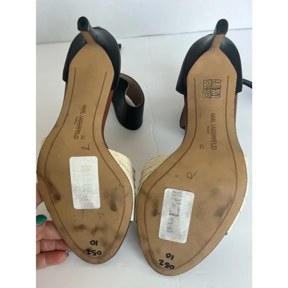Kurt Lagerfeld Leather Black Brown and Cream Ankle Strap Stiletto Sandals Sz 10