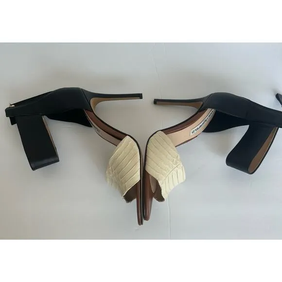 Kurt Lagerfeld Leather Black Brown and Cream Ankle Strap Stiletto Sandals Sz 10