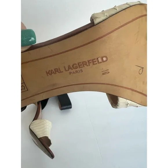Kurt Lagerfeld Leather Black Brown and Cream Ankle Strap Stiletto Sandals Sz 10
