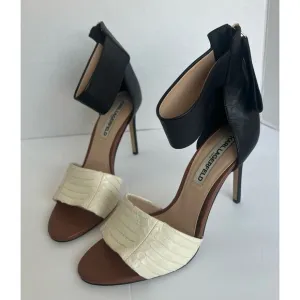 Kurt Lagerfeld Leather Black Brown and Cream Ankle Strap Stiletto Sandals Sz 10