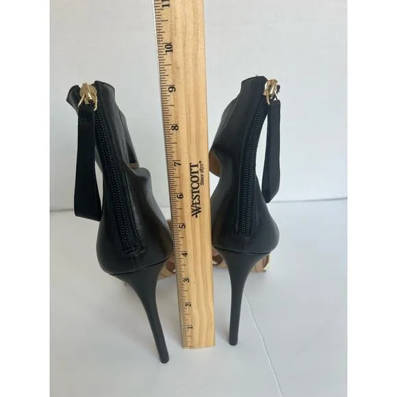 Kurt Lagerfeld Leather Black Brown and Cream Ankle Strap Stiletto Sandals Sz 10