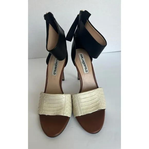 Kurt Lagerfeld Leather Black Brown and Cream Ankle Strap Stiletto Sandals Sz 10