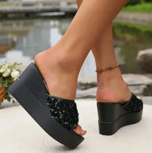 Ladies&quot; Fashion Fish Mouth Sparkly Decorated Roman Sandals Beach Shoes Versatile
