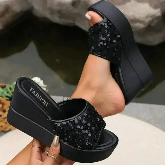 Ladies&quot; Fashion Fish Mouth Sparkly Decorated Roman Sandals Beach Shoes Versatile