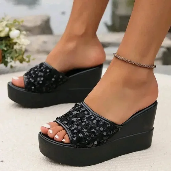 Ladies&quot; Fashion Fish Mouth Sparkly Decorated Roman Sandals Beach Shoes Versatile