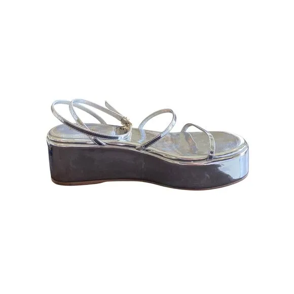 Larroude Gio Platform Sandals Ankle Strap Party Statement Mirror Silver Size 10