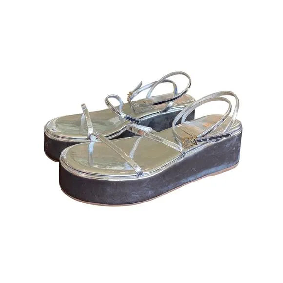 Larroude Gio Platform Sandals Ankle Strap Party Statement Mirror Silver Size 10