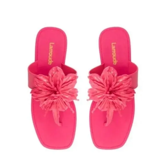 LARROUDE Hibiscus Flower Flip Flop Sandals in Pink Size 6/7