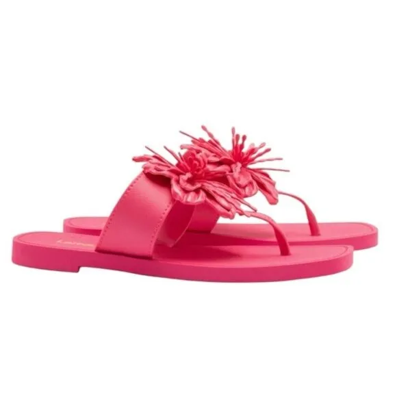 LARROUDE Hibiscus Flower Flip Flop Sandals in Pink Size 6/7