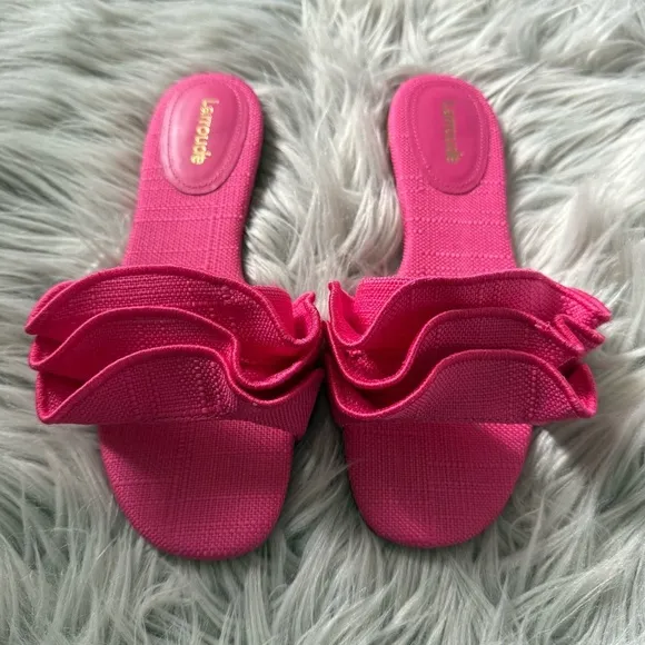 LARROUDE Ivy Ruffle Slip On Mule Flat Sandals in Pink Raffia Size 5 NWB
