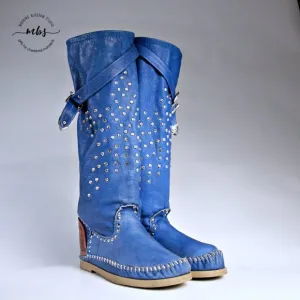 LdiR L'Artigiano di Riccione Leather Rhinestone Studded Buckles Moccasin Boots