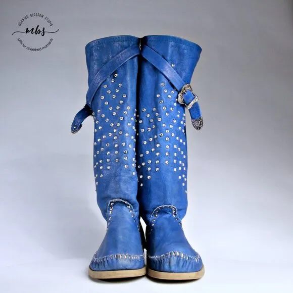 LdiR L'Artigiano di Riccione Leather Rhinestone Studded Buckles Moccasin Boots