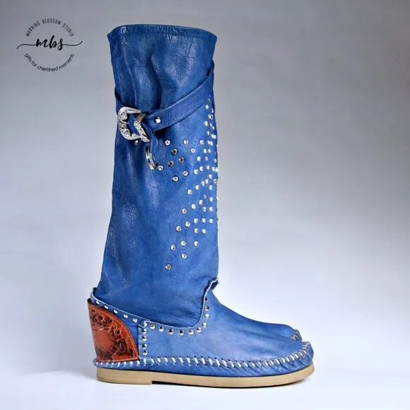 LdiR L'Artigiano di Riccione Leather Rhinestone Studded Buckles Moccasin Boots