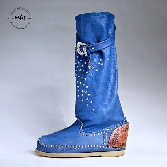 LdiR L'Artigiano di Riccione Leather Rhinestone Studded Buckles Moccasin Boots