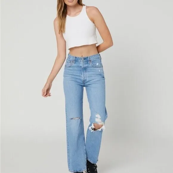 Levi’s Sz 27 Ribcage Straight Ankle Distressed Raw Hem Denim Jeans