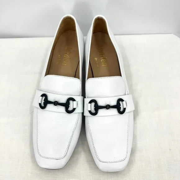L'idea by Lori White Leather Heeled Loafers Women's Size 41 US 9.5 Horse Bit