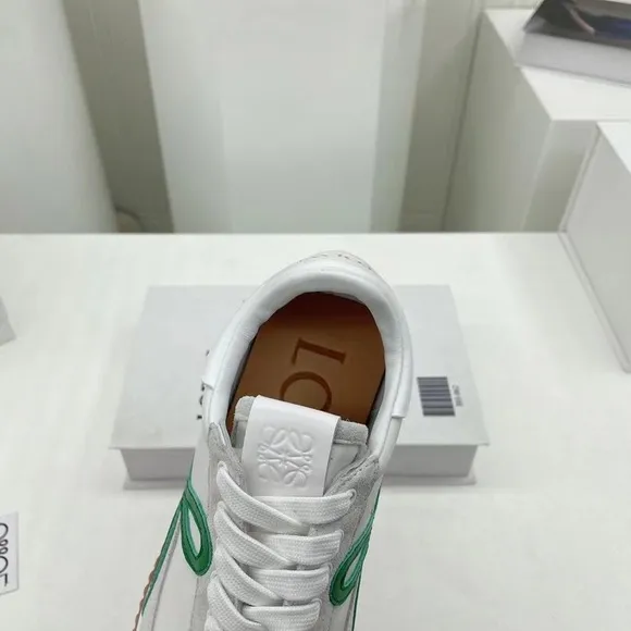 Loewe white suede and dark green logo sneakers