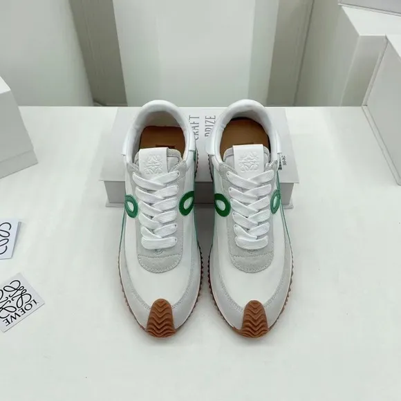 Loewe white suede and dark green logo sneakers