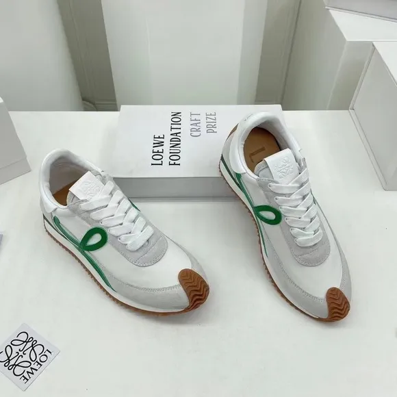 Loewe white suede and dark green logo sneakers