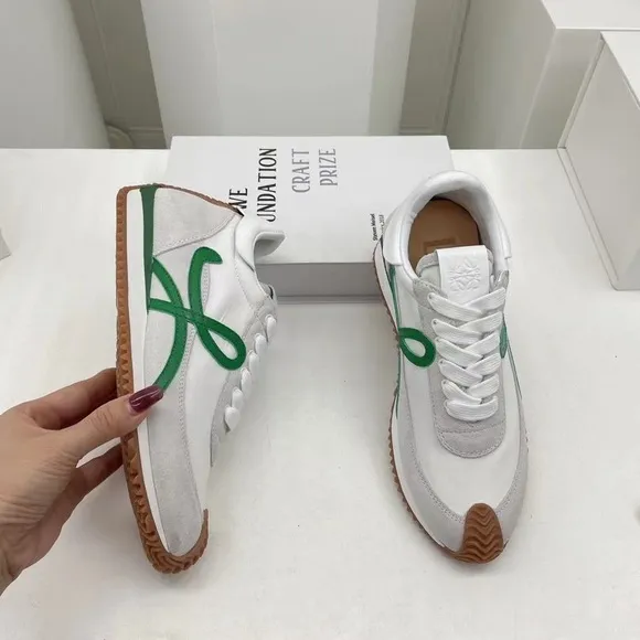 Loewe white suede and dark green logo sneakers