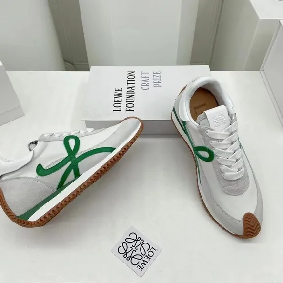 Loewe white suede and dark green logo sneakers
