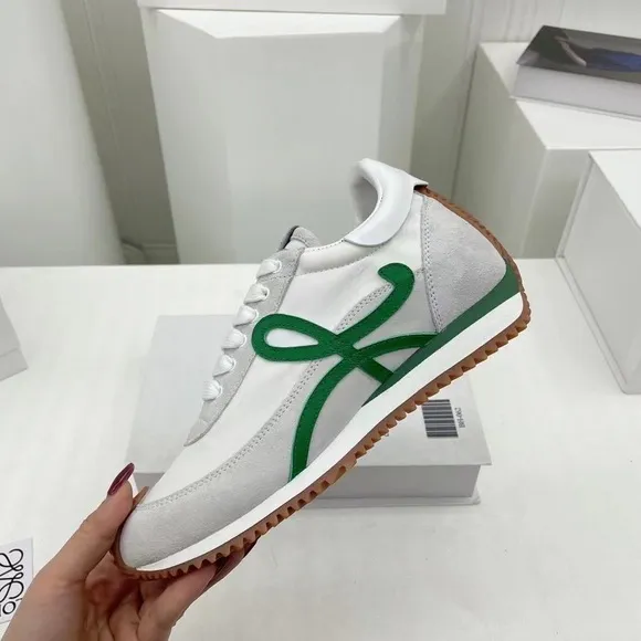 Loewe white suede and dark green logo sneakers