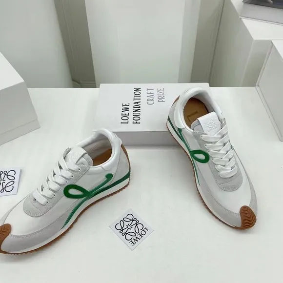 Loewe white suede and dark green logo sneakers