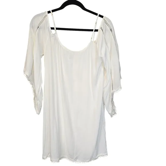 L*SPACE Boho Lace Crochet Cold Shoulder Dress Swim Cover-Up White- Size Medium