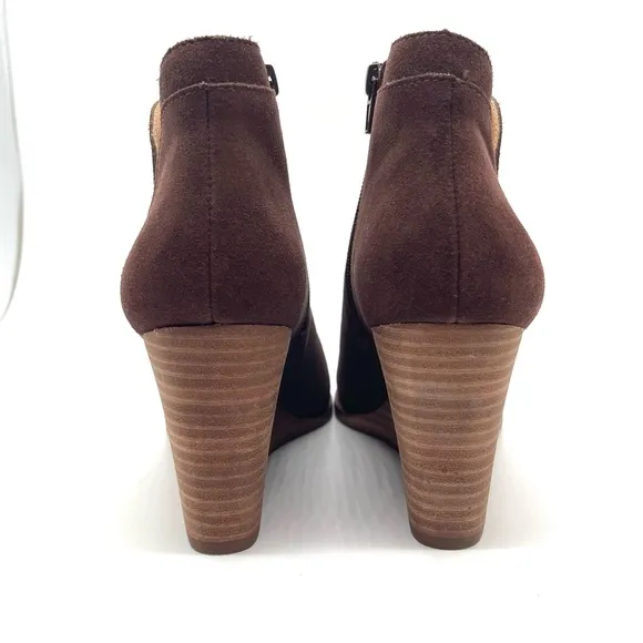 Lucky Brand Yimina Brown Suede Leather Ankle Boots Booties Zip Up Wedge Sz 10