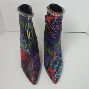 Lyla Graffiti Sculpted Heel Ankle Boot Black Multi Rhinestone Embellished  6.5