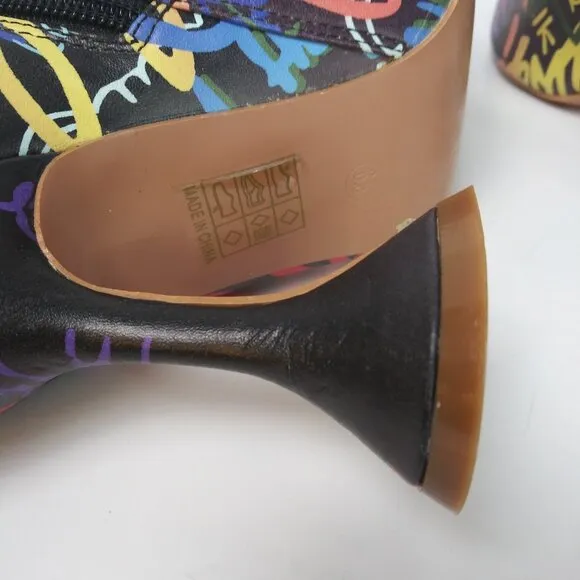 Lyla Graffiti Sculpted Heel Ankle Boot Black Multi Rhinestone Embellished  6.5