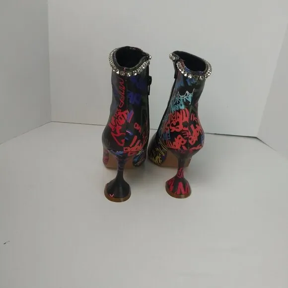 Lyla Graffiti Sculpted Heel Ankle Boot Black Multi Rhinestone Embellished  6.5