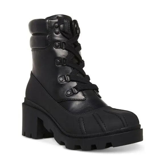 MADDEN GIRL Womens Black Bubbles Round Toe Block Heel Zip-Up Duck Boots 8.5 M