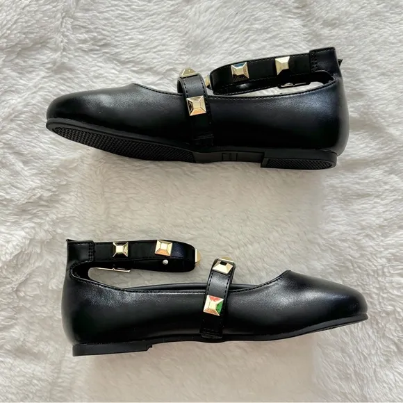 Marc Fisher Kids Tasha Studded Buckle Flats Black Gold Size 2