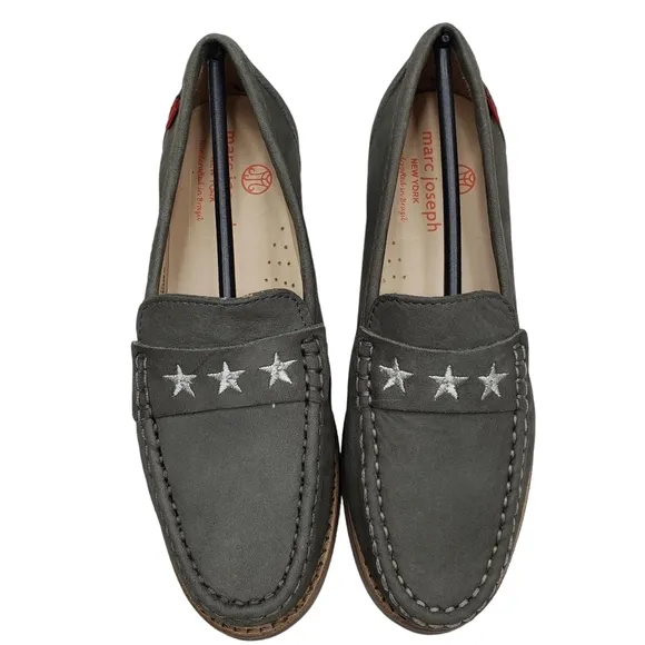 Marc Joseph | NIB Madison Gray Nobuck Silver Star Leather Loafers Girl's 1.5