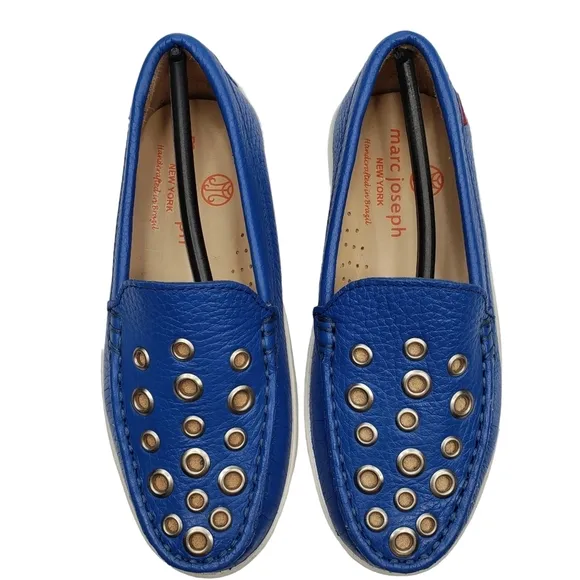 Marc Joseph | NIB Mott St Blue Grainy Silver Grommet Leather Loafers Girl's 11