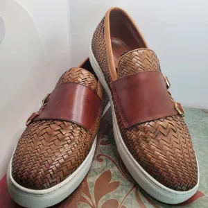 Marc Nolan Kyler Cognac Woven Leather Belgian Loafers Size 13 Shoes Dble Buckle