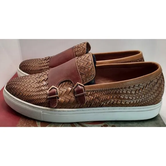 Marc Nolan Kyler Cognac Woven Leather Belgian Loafers Size 13 Shoes Dble Buckle